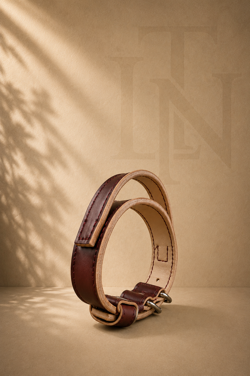 Collier pour chien Classic en cuir Bordeaux cousu au fil Rouge, ouvert sur sa doublure en cuir naturel