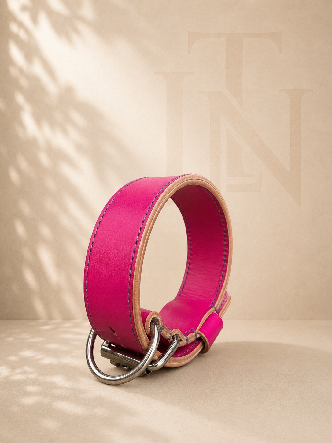 Collier pour chien Classic en cuir Rose cousu main, doublure en cuir naturel
